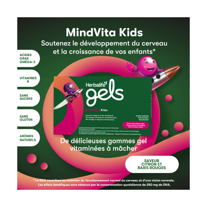 Herbalife Gels MindVita Kids Saveur Citron baies rouges. Boîte de 30 gommes gel à mâcher