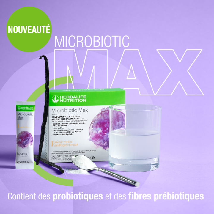 Microbiotic Max Herbalife. Complément Probiotiques et prébiotiques  saveur vanille (20 sachets)